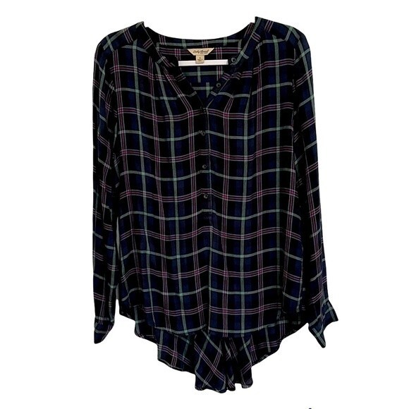 Lucky Brand Tops - Lucky Brand Plaid Blouse Whimsigoth Witchy Grunge Navy Blue Soft Comfy Size S